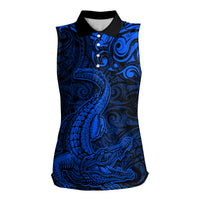 New Zealand Crocodile Tattoo and Fern Women Sleeveless Polo Shirt Maori Pattern Blue Color