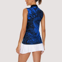 New Zealand Crocodile Tattoo and Fern Women Sleeveless Polo Shirt Maori Pattern Blue Color