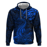 New Zealand Crocodile Tattoo and Fern Zip Hoodie Maori Pattern Blue Color