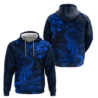 New Zealand Crocodile Tattoo and Fern Zip Hoodie Maori Pattern Blue Color