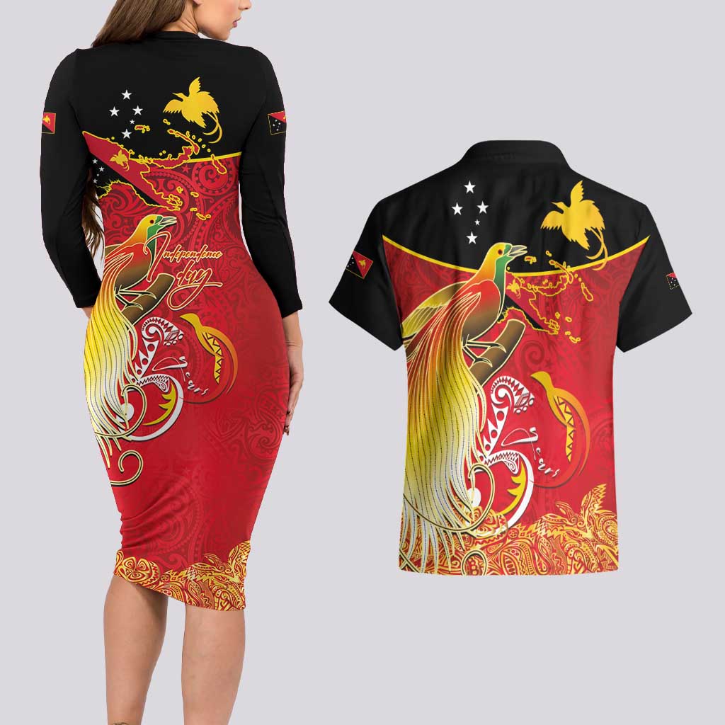Papua New Guinea Independence Day Couples Matching Long Sleeve Bodycon Dress and Hawaiian Shirt Happy Anniversary 50th Bird-of-paradise Melanesian Tattoos - Polynesian Pride