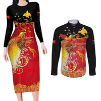 Papua New Guinea Independence Day Couples Matching Long Sleeve Bodycon Dress and Long Sleeve Button Shirt Happy Anniversary 50th Bird-of-paradise Melanesian Tattoos LT03 Black - Polynesian Pride