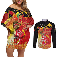 Papua New Guinea Independence Day Couples Matching Off Shoulder Short Dress and Long Sleeve Button Shirt Happy Anniversary 50th Bird-of-paradise Melanesian Tattoos LT03 Black - Polynesian Pride