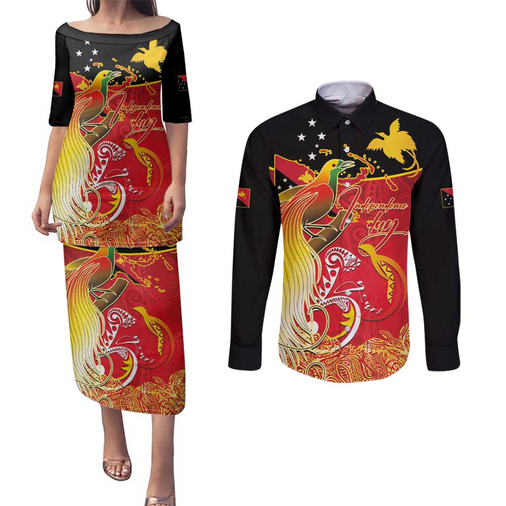 Papua New Guinea Independence Day Couples Matching Puletasi and Long Sleeve Button Shirt Happy Anniversary 50th Bird-of-paradise Melanesian Tattoos - Polynesian Pride