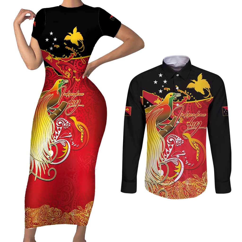 Papua New Guinea Independence Day Couples Matching Short Sleeve Bodycon Dress and Long Sleeve Button Shirt Happy Anniversary 50th Bird-of-paradise Melanesian Tattoos LT03 Black - Polynesian Pride