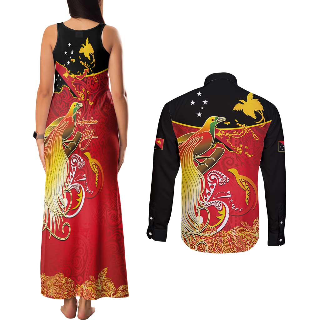 Papua New Guinea Independence Day Couples Matching Tank Maxi Dress and Long Sleeve Button Shirt Happy Anniversary 50th Bird-of-paradise Melanesian Tattoos LT03 - Polynesian Pride