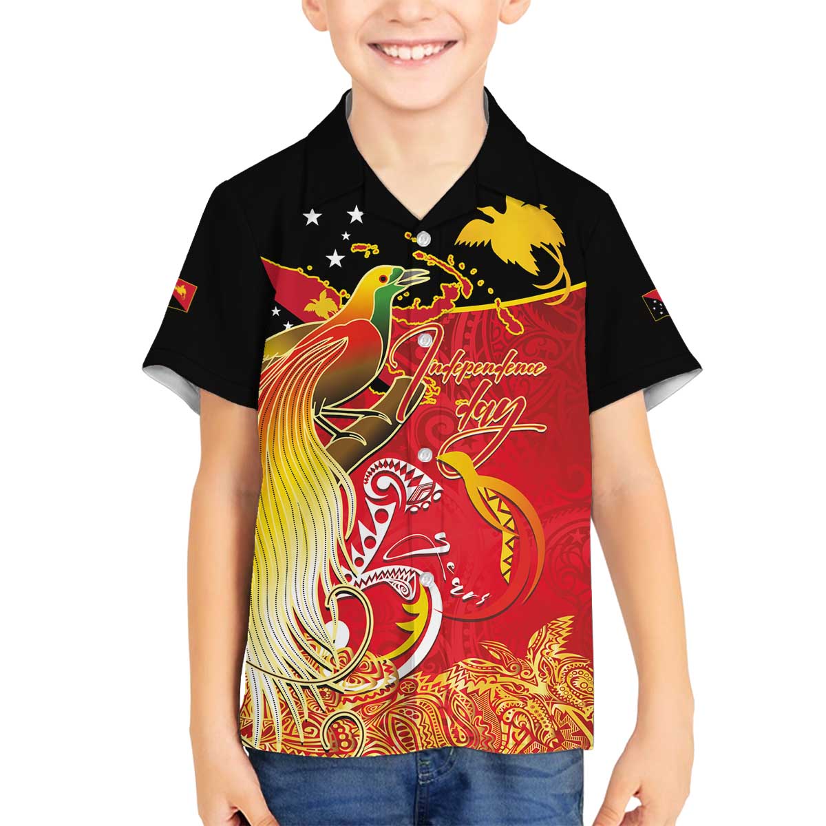 Papua New Guinea Independence Day Family Matching Off The Shoulder Long Sleeve Dress and Hawaiian Shirt Happy Anniversary 50th Bird-of-paradise Melanesian Tattoos - Polynesian Pride