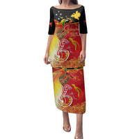 Papua New Guinea Independence Day Family Matching Puletasi and Hawaiian Shirt Happy Anniversary 50th Bird-of-paradise Melanesian Tattoos LT03 Mom's Dress Black - Polynesian Pride