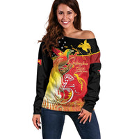 Papua New Guinea Independence Day Off Shoulder Sweater Happy Anniversary 50th Bird-of-paradise Melanesian Tattoos LT03 Women Black - Polynesian Pride