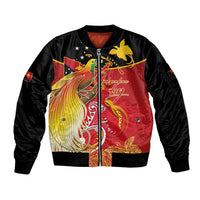 Papua New Guinea Independence Day Sleeve Zip Bomber Jacket Happy Anniversary 50th Bird-of-paradise Melanesian Tattoos LT03 Unisex Black - Polynesian Pride