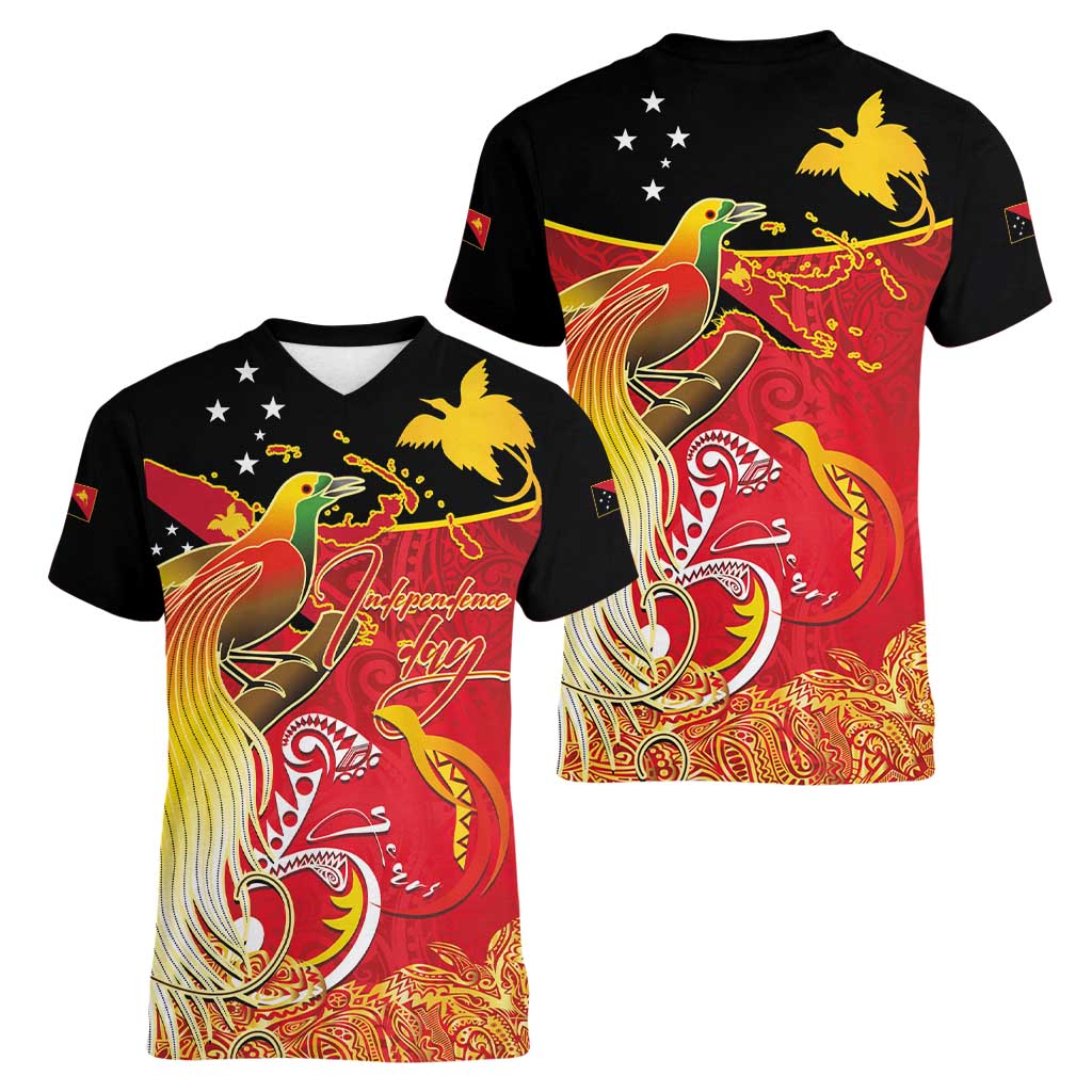Papua New Guinea Independence Day Women V-Neck T-Shirt Happy Anniversary 50th Bird-of-paradise Melanesian Tattoos LT03 - Polynesian Pride