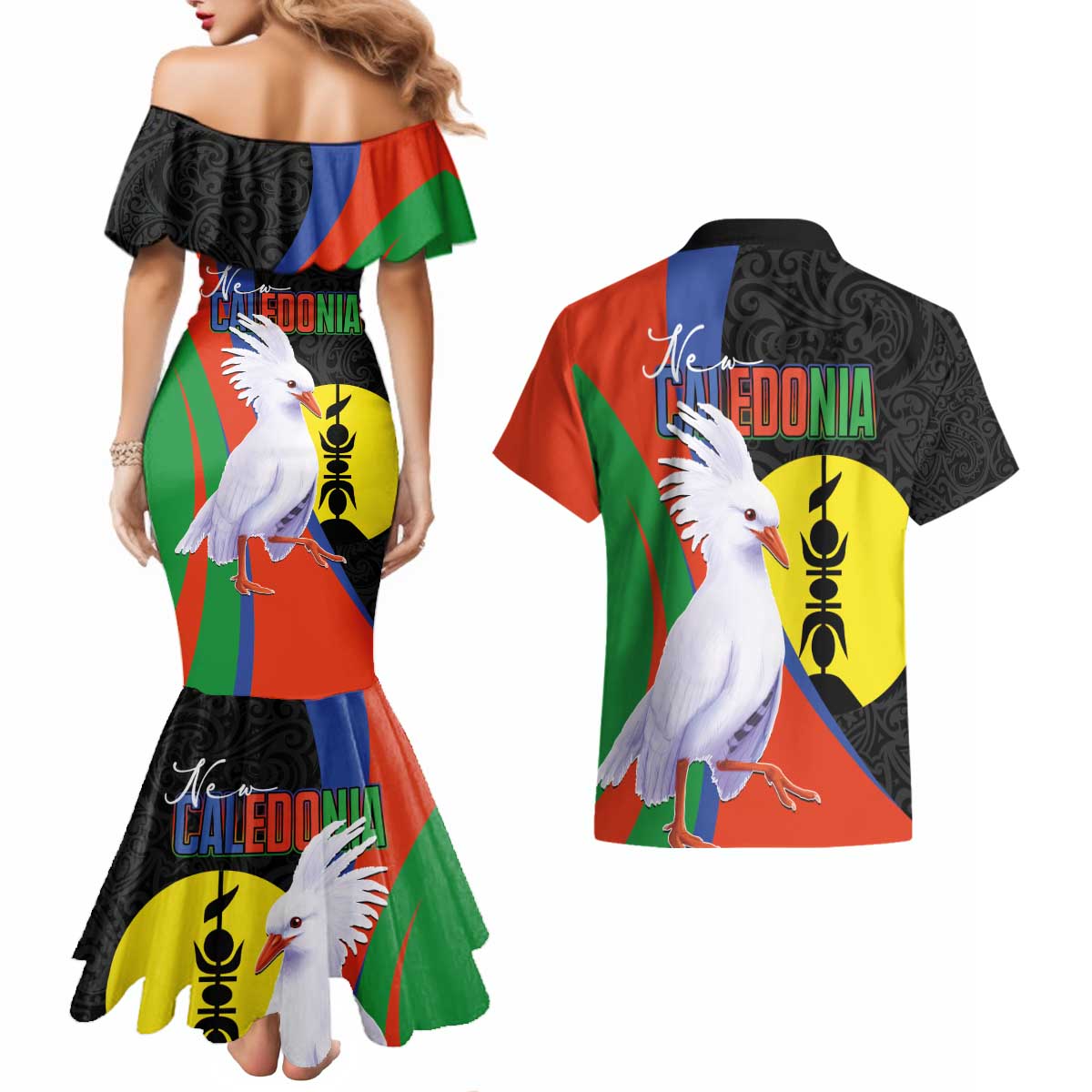 New Caledonia Couples Matching Mermaid Dress and Hawaiian Shirt Kagu Bird and The Seal with Melanesian Culture LT03 - Polynesian Pride