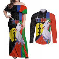 New Caledonia Couples Matching Off Shoulder Maxi Dress and Long Sleeve Button Shirt Kagu Bird and The Seal with Melanesian Culture - Polynesian Pride