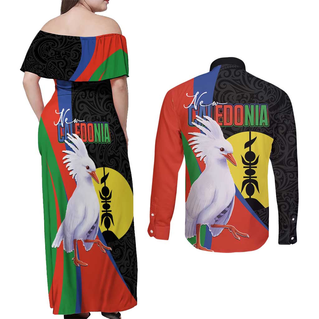 New Caledonia Couples Matching Off Shoulder Maxi Dress and Long Sleeve Button Shirt Kagu Bird and The Seal with Melanesian Culture - Polynesian Pride