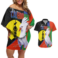 New Caledonia Couples Matching Off Shoulder Short Dress and Hawaiian Shirt Kagu Bird and The Seal with Melanesian Culture LT03 Black - Polynesian Pride