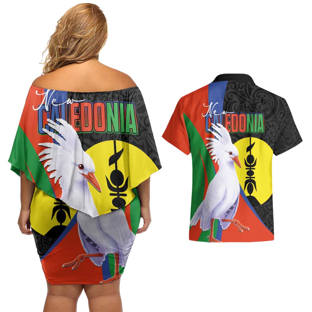 New Caledonia Couples Matching Off Shoulder Short Dress and Hawaiian Shirt Kagu Bird and The Seal with Melanesian Culture LT03 - Polynesian Pride