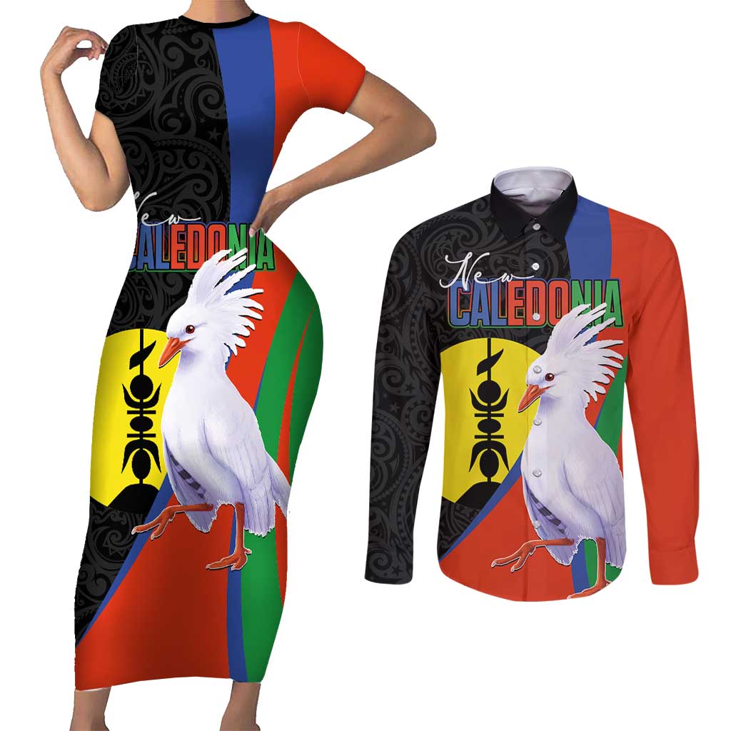 New Caledonia Couples Matching Short Sleeve Bodycon Dress and Long Sleeve Button Shirt Kagu Bird and The Seal with Melanesian Culture - Polynesian Pride