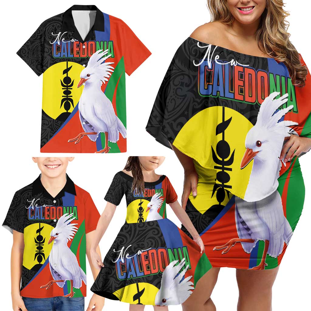 New Caledonia Family Matching Off Shoulder Short Dress and Hawaiian Shirt Kagu Bird and The Seal with Melanesian Culture - Polynesian Pride