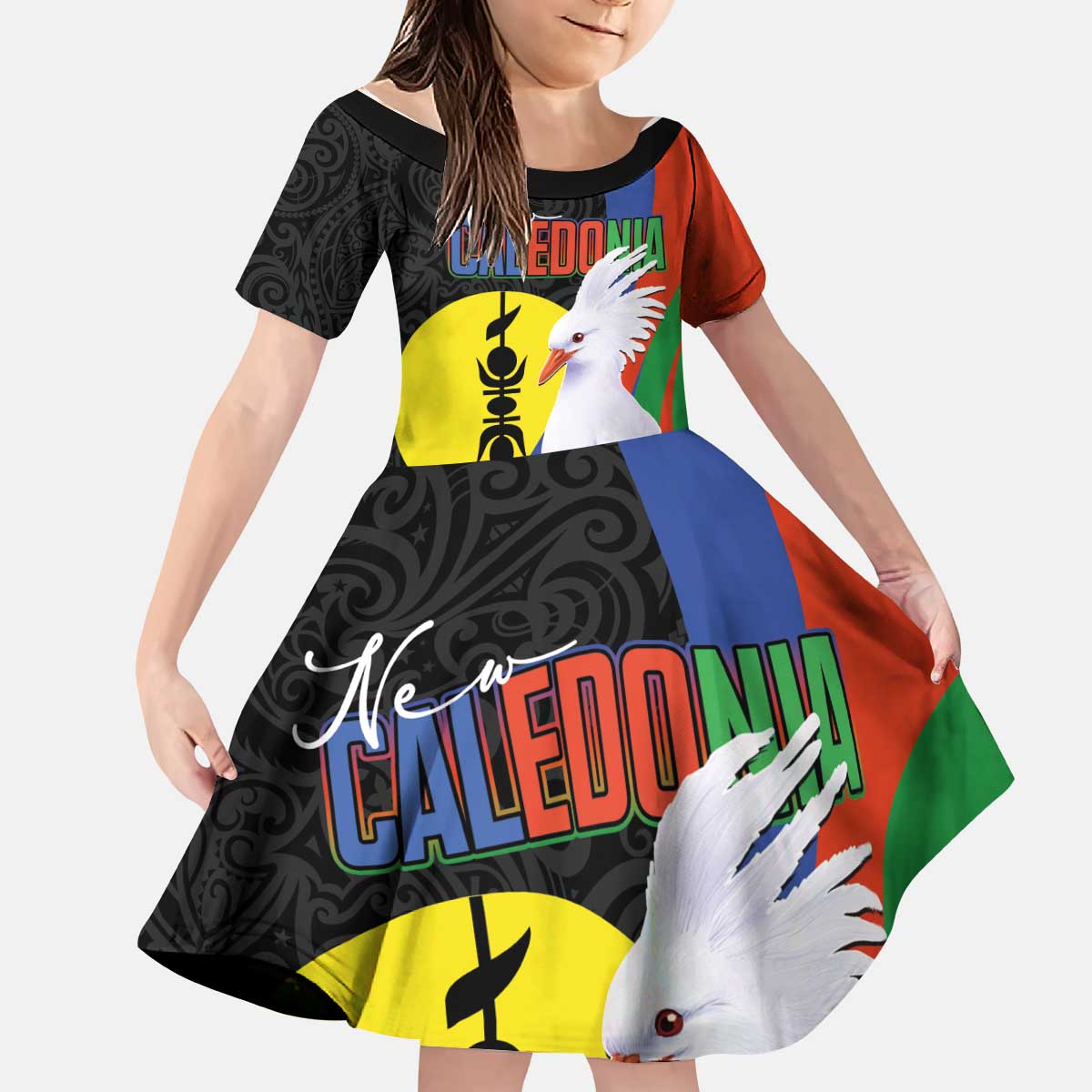 New Caledonia Kid Short Sleeve Dress Kagu Bird and The Seal with Melanesian Culture - Polynesian Pride