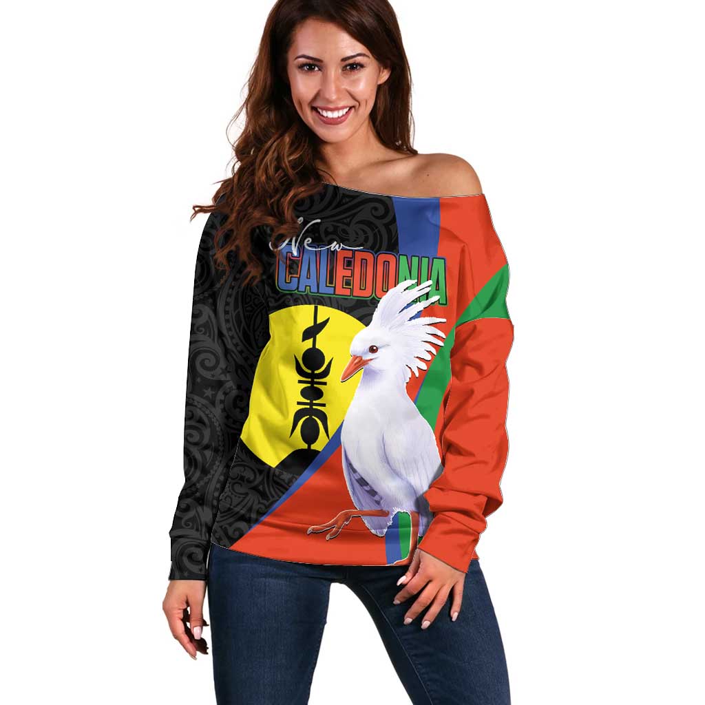 New Caledonia Off Shoulder Sweater Kagu Bird and The Seal with Melanesian Culture - Polynesian Pride