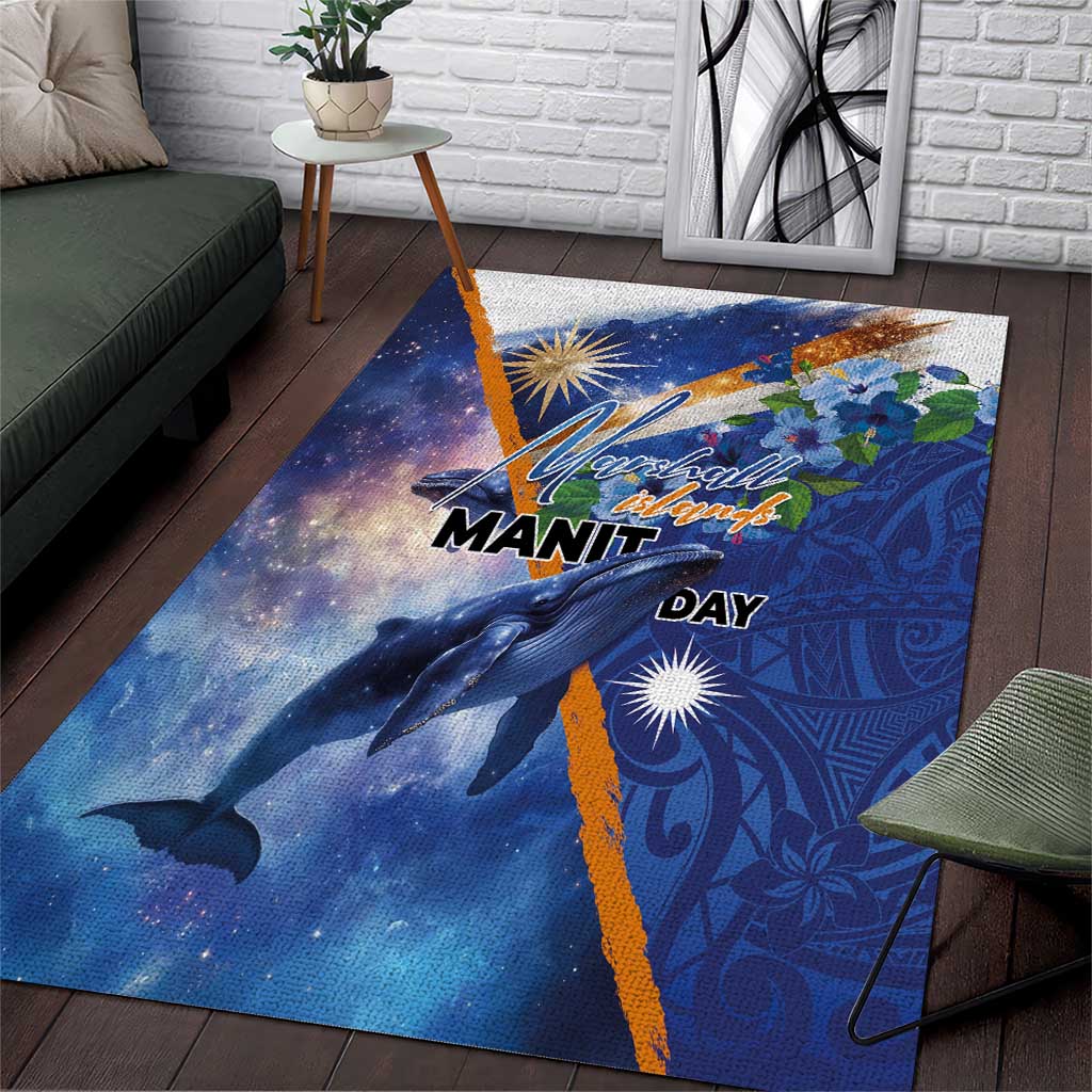Marshall Islands Manit Day Area Rug Grunge National Flag with Whales and Tribal Tattoos LT03 Blue - Polynesian Pride