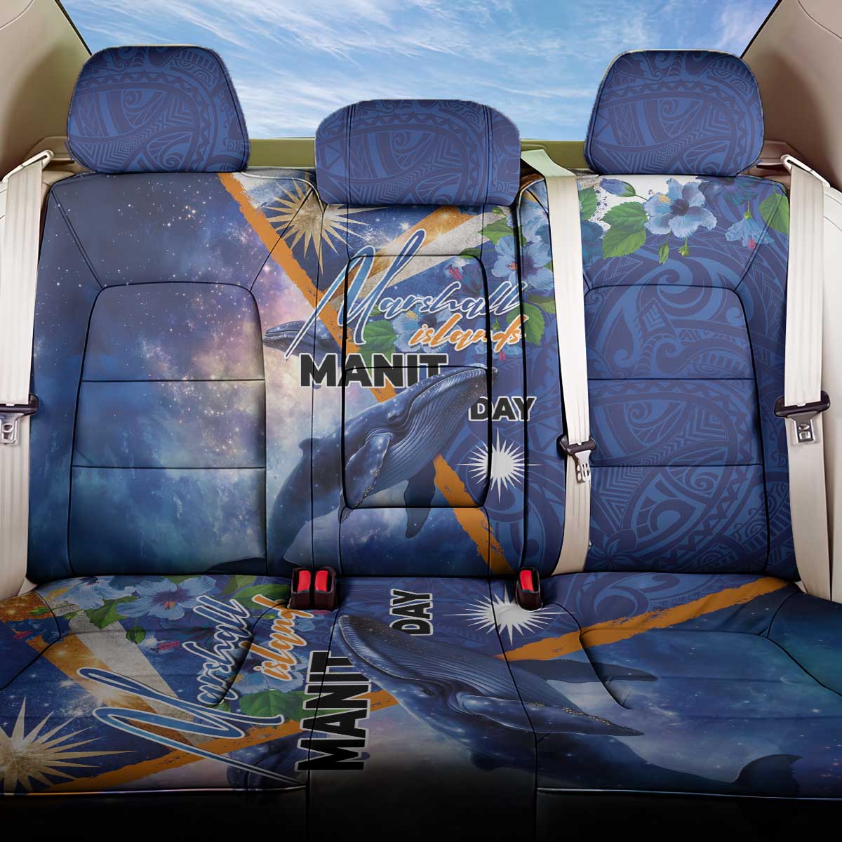 Marshall Islands Manit Day Back Car Seat Cover Grunge National Flag with Whales and Tribal Tattoos - Polynesian Pride
