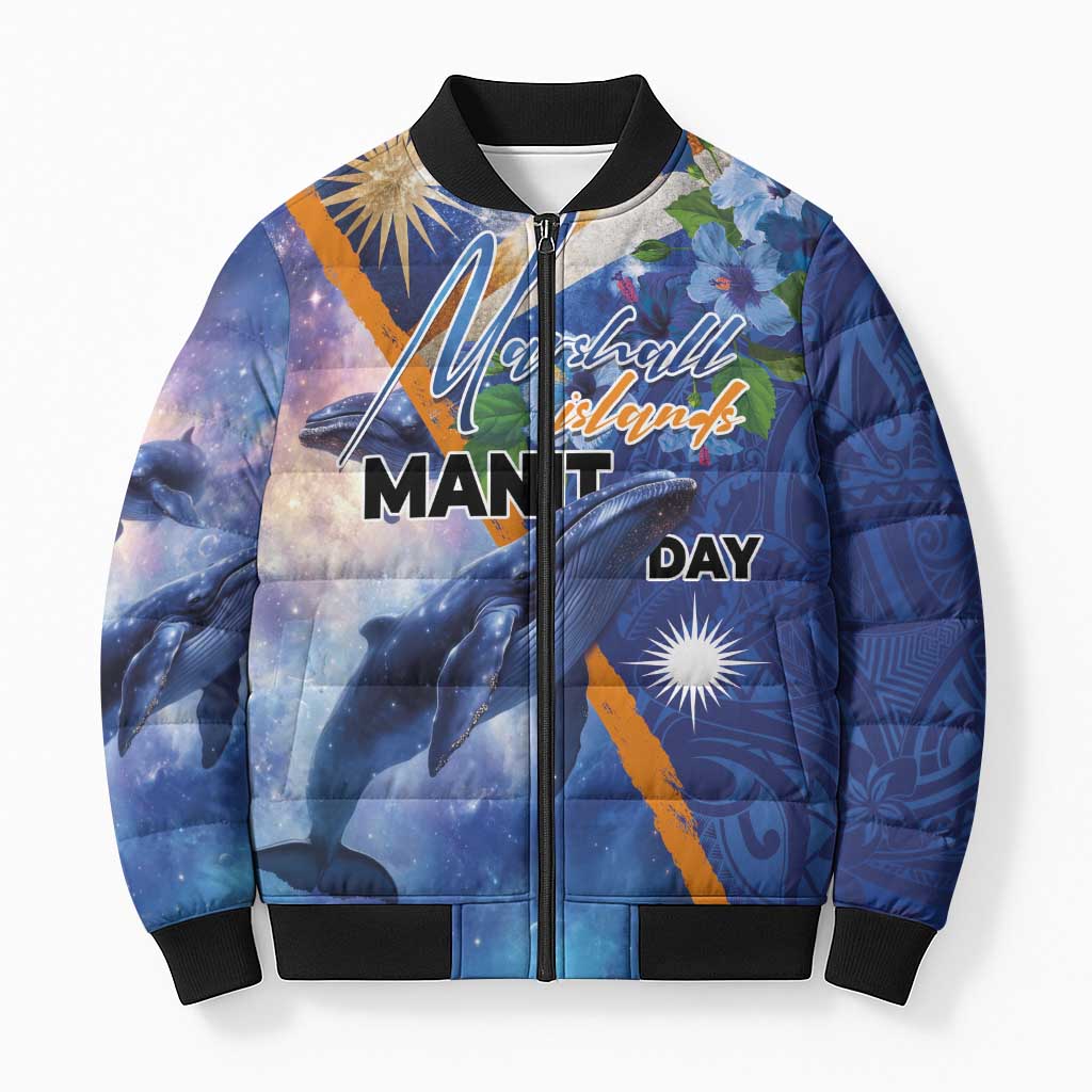 Marshall Islands Manit Day Bomber Puffer Jacket Grunge National Flag with Whales and Tribal Tattoos LT03 Unisex Blue - Polynesian Pride