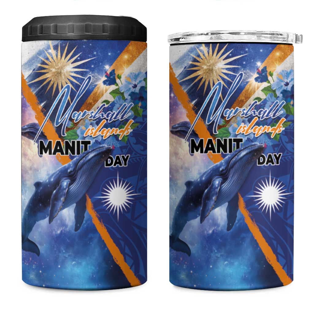 Marshall Islands Manit Day 4 in 1 Can Cooler Tumbler Grunge National Flag with Whales and Tribal Tattoos - Polynesian Pride