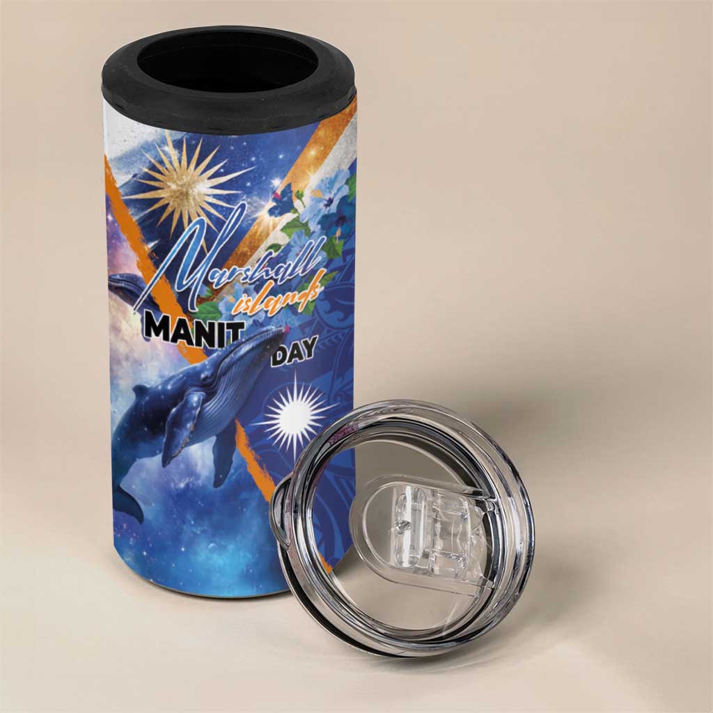 Marshall Islands Manit Day 4 in 1 Can Cooler Tumbler Grunge National Flag with Whales and Tribal Tattoos - Polynesian Pride