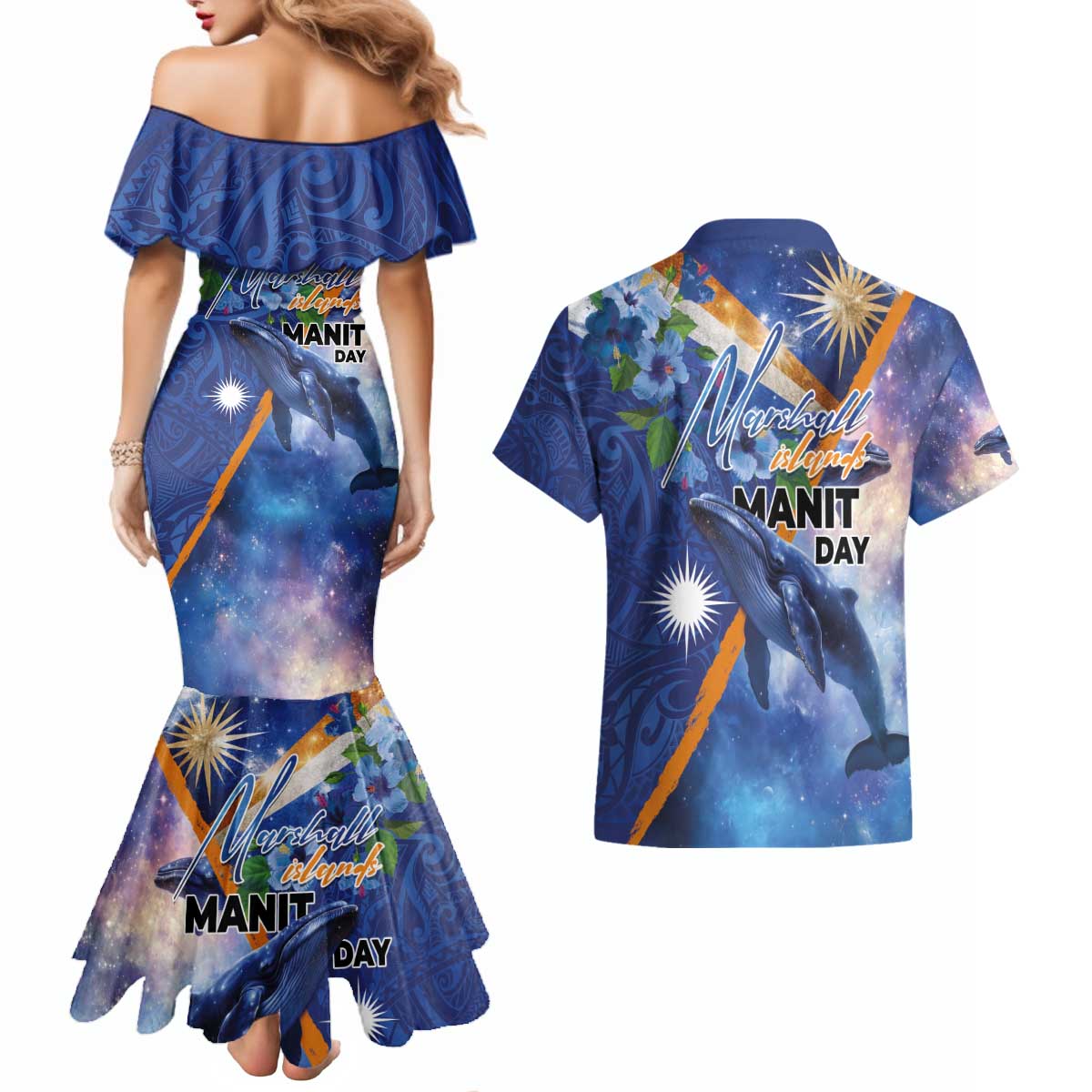 Marshall Islands Manit Day Couples Matching Mermaid Dress and Hawaiian Shirt Grunge National Flag with Whales and Tribal Tattoos LT03 - Polynesian Pride