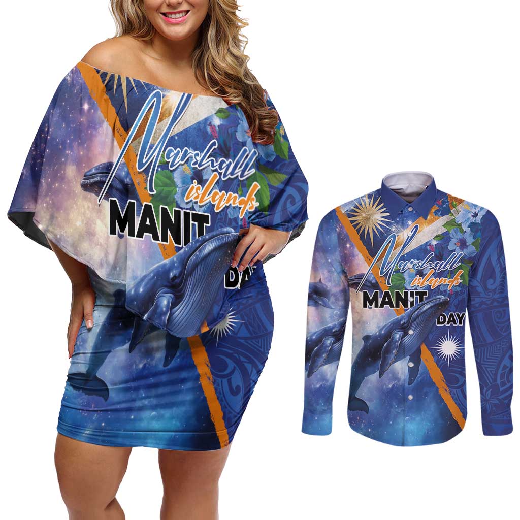 Marshall Islands Manit Day Couples Matching Off Shoulder Short Dress and Long Sleeve Button Shirt Grunge National Flag with Whales and Tribal Tattoos - Polynesian Pride