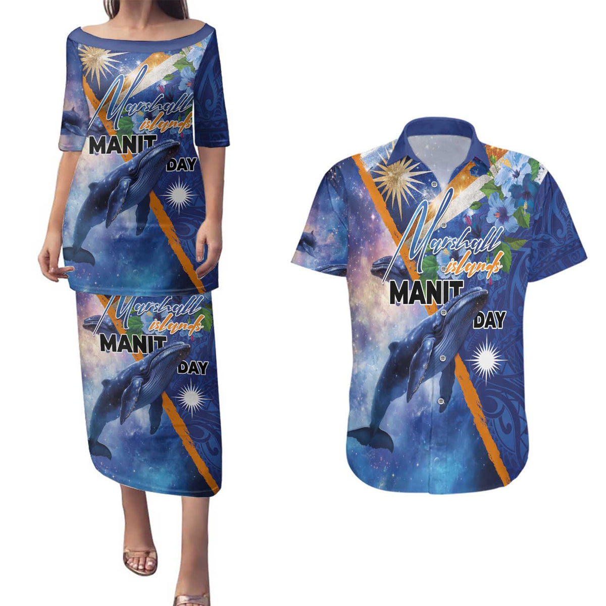 Marshall Islands Manit Day Couples Matching Puletasi and Hawaiian Shirt Grunge National Flag with Whales and Tribal Tattoos - Polynesian Pride