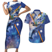 Marshall Islands Manit Day Couples Matching Short Sleeve Bodycon Dress and Hawaiian Shirt Grunge National Flag with Whales and Tribal Tattoos LT03 Blue - Polynesian Pride