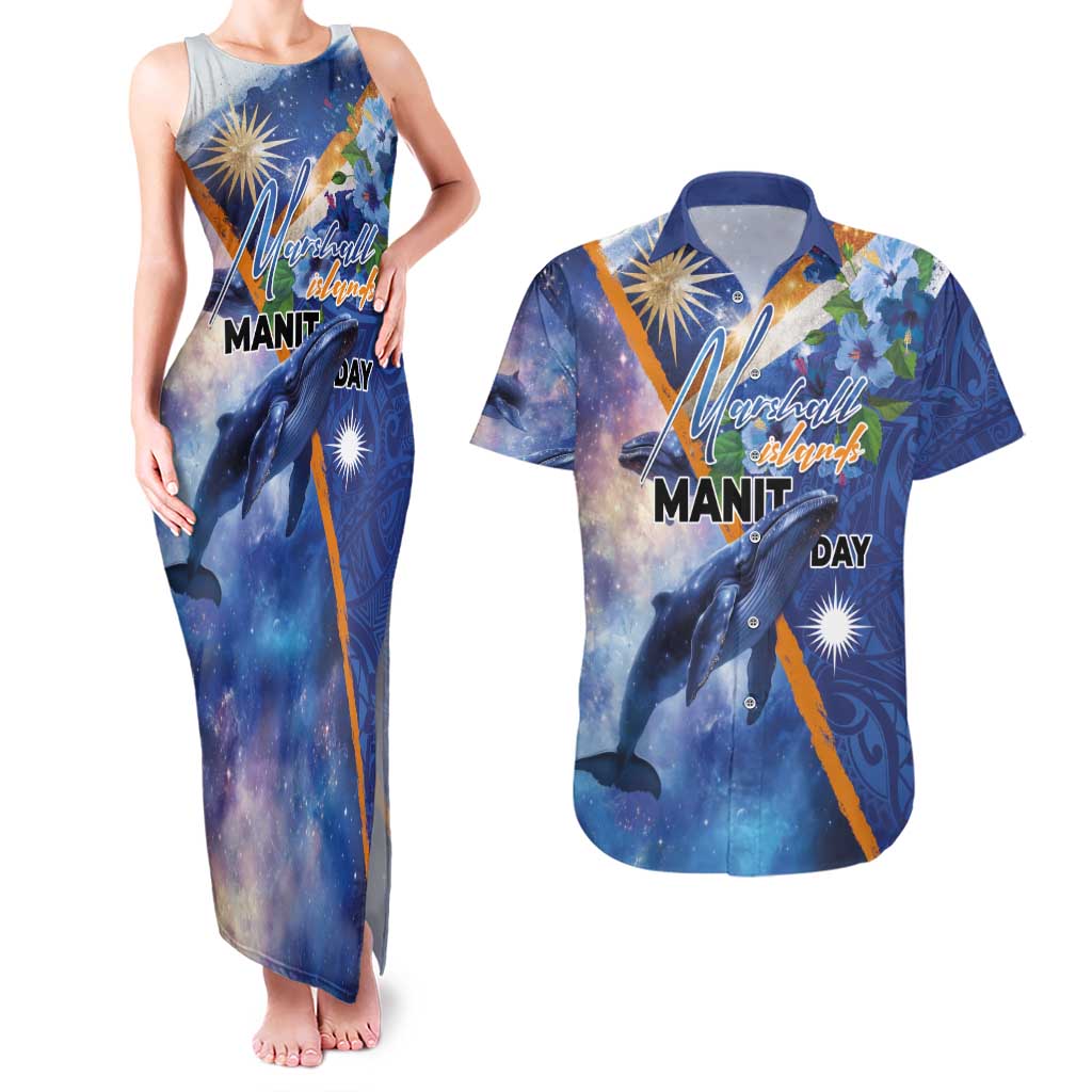 Marshall Islands Manit Day Couples Matching Tank Maxi Dress and Hawaiian Shirt Grunge National Flag with Whales and Tribal Tattoos LT03 Blue - Polynesian Pride