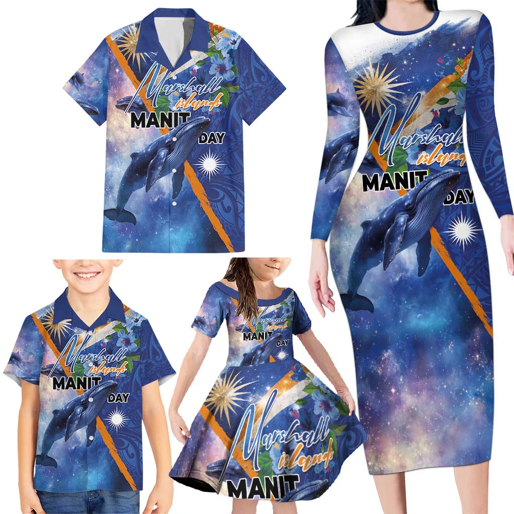 Marshall Islands Manit Day Family Matching Long Sleeve Bodycon Dress and Hawaiian Shirt Grunge National Flag with Whales and Tribal Tattoos LT03 - Polynesian Pride