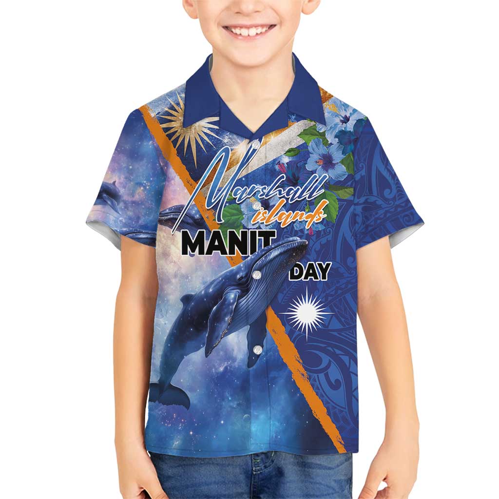 Marshall Islands Manit Day Family Matching Long Sleeve Bodycon Dress and Hawaiian Shirt Grunge National Flag with Whales and Tribal Tattoos LT03 Son's Shirt Blue - Polynesian Pride