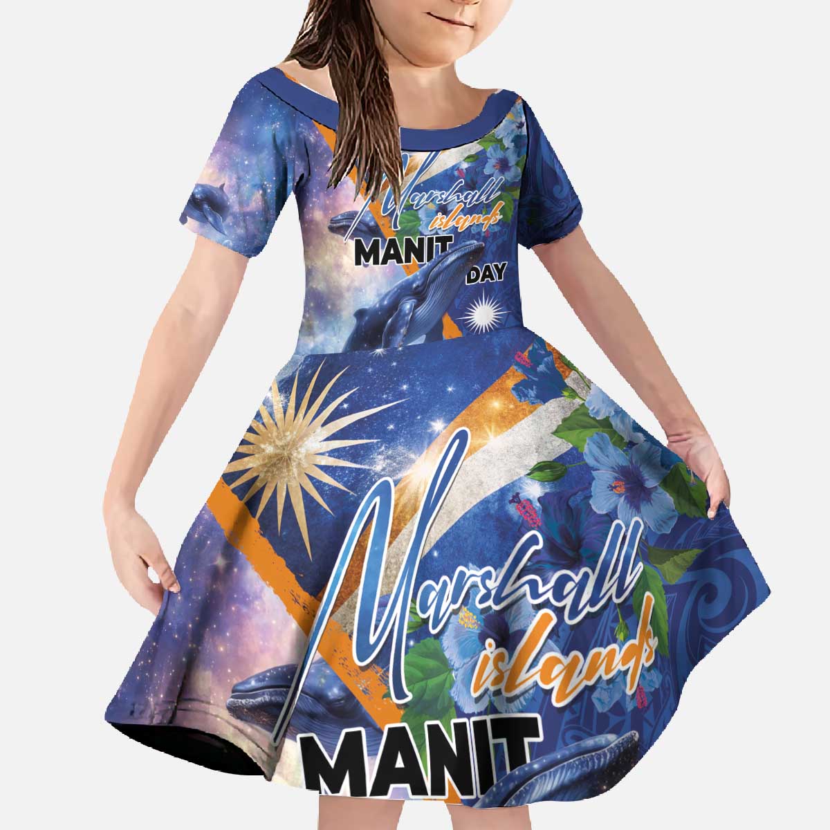 Marshall Islands Manit Day Family Matching Off The Shoulder Long Sleeve Dress and Hawaiian Shirt Grunge National Flag with Whales and Tribal Tattoos - Polynesian Pride