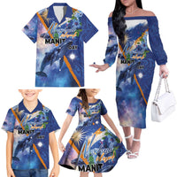 Marshall Islands Manit Day Family Matching Off The Shoulder Long Sleeve Dress and Hawaiian Shirt Grunge National Flag with Whales and Tribal Tattoos - Polynesian Pride