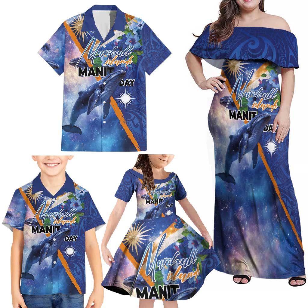 Marshall Islands Manit Day Family Matching Off Shoulder Maxi Dress and Hawaiian Shirt Grunge National Flag with Whales and Tribal Tattoos - Polynesian Pride
