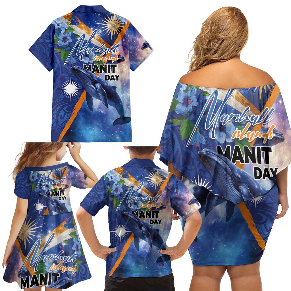 Marshall Islands Manit Day Family Matching Off Shoulder Short Dress and Hawaiian Shirt Grunge National Flag with Whales and Tribal Tattoos LT03 - Polynesian Pride