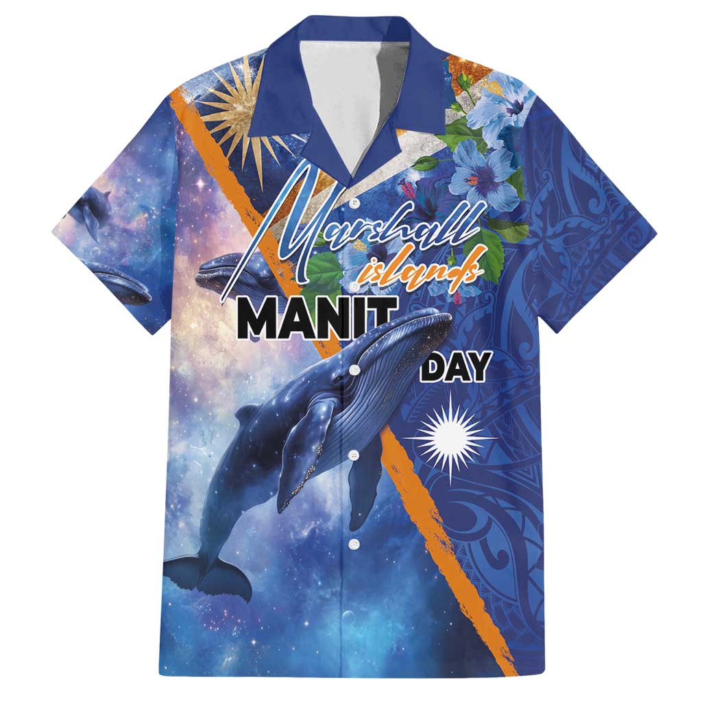 Marshall Islands Manit Day Family Matching Off Shoulder Short Dress and Hawaiian Shirt Grunge National Flag with Whales and Tribal Tattoos LT03 Dad's Shirt - Short Sleeve Blue - Polynesian Pride