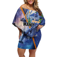 Marshall Islands Manit Day Family Matching Off Shoulder Short Dress and Hawaiian Shirt Grunge National Flag with Whales and Tribal Tattoos LT03 Mom's Dress Blue - Polynesian Pride