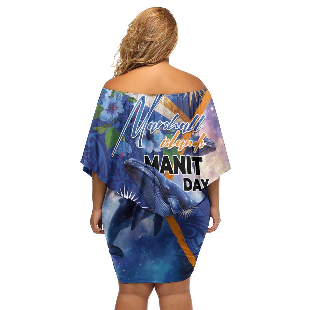 Marshall Islands Manit Day Family Matching Off Shoulder Short Dress and Hawaiian Shirt Grunge National Flag with Whales and Tribal Tattoos LT03 - Polynesian Pride