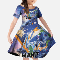 Marshall Islands Manit Day Family Matching Puletasi and Hawaiian Shirt Grunge National Flag with Whales and Tribal Tattoos LT03 Daughter's Dress Blue - Polynesian Pride