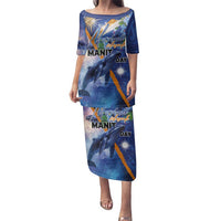 Marshall Islands Manit Day Family Matching Puletasi and Hawaiian Shirt Grunge National Flag with Whales and Tribal Tattoos LT03 Mom's Dress Blue - Polynesian Pride