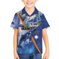 Marshall Islands Manit Day Family Matching Puletasi and Hawaiian Shirt Grunge National Flag with Whales and Tribal Tattoos LT03 Son's Shirt Blue - Polynesian Pride
