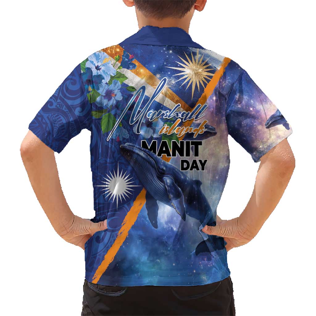 Marshall Islands Manit Day Family Matching Short Sleeve Bodycon Dress and Hawaiian Shirt Grunge National Flag with Whales and Tribal Tattoos LT03 - Polynesian Pride
