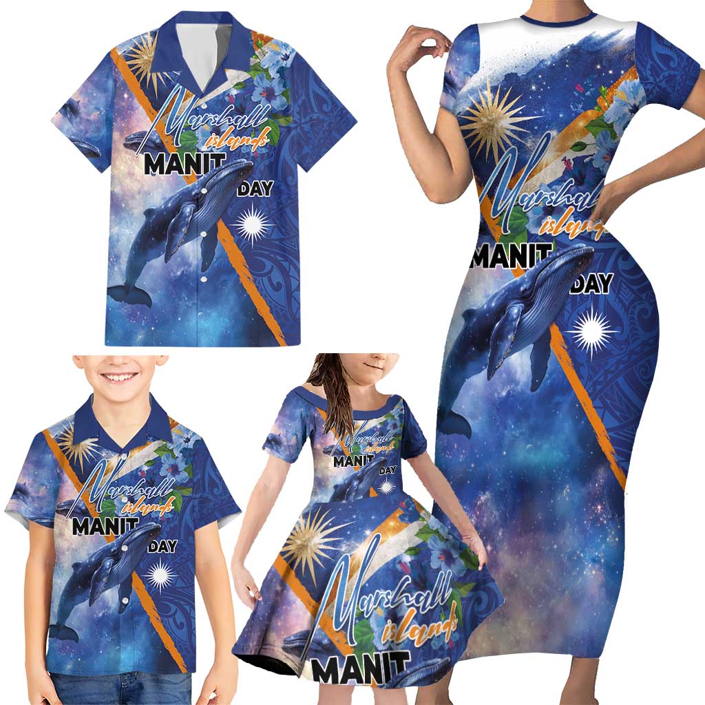 Marshall Islands Manit Day Family Matching Short Sleeve Bodycon Dress and Hawaiian Shirt Grunge National Flag with Whales and Tribal Tattoos LT03 - Polynesian Pride