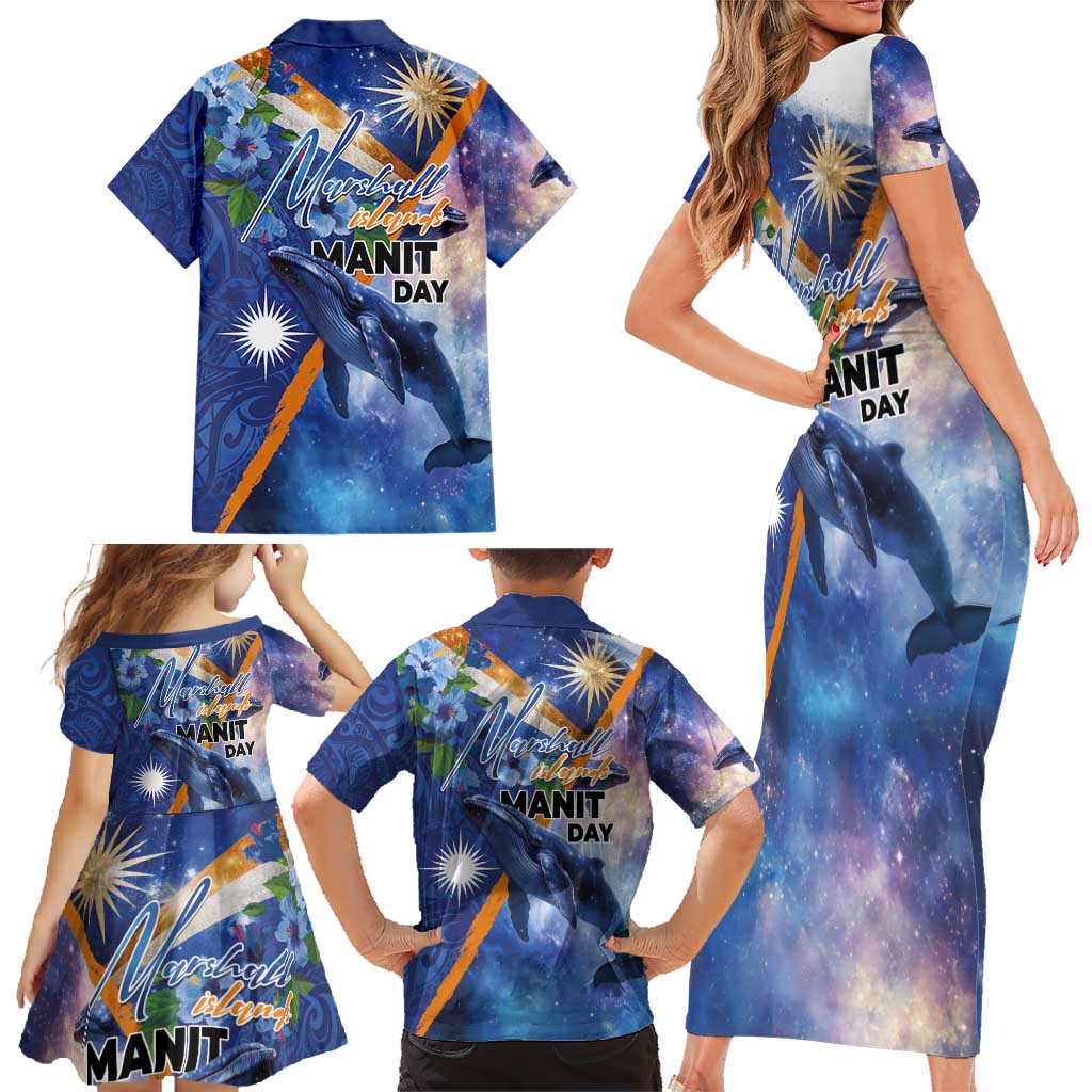 Marshall Islands Manit Day Family Matching Short Sleeve Bodycon Dress and Hawaiian Shirt Grunge National Flag with Whales and Tribal Tattoos LT03 - Polynesian Pride
