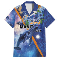 Marshall Islands Manit Day Family Matching Short Sleeve Bodycon Dress and Hawaiian Shirt Grunge National Flag with Whales and Tribal Tattoos LT03 Dad's Shirt - Short Sleeve Blue - Polynesian Pride